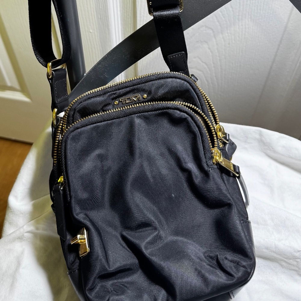 Tumi Women's Crossbody Bag Black with Gold Zippers